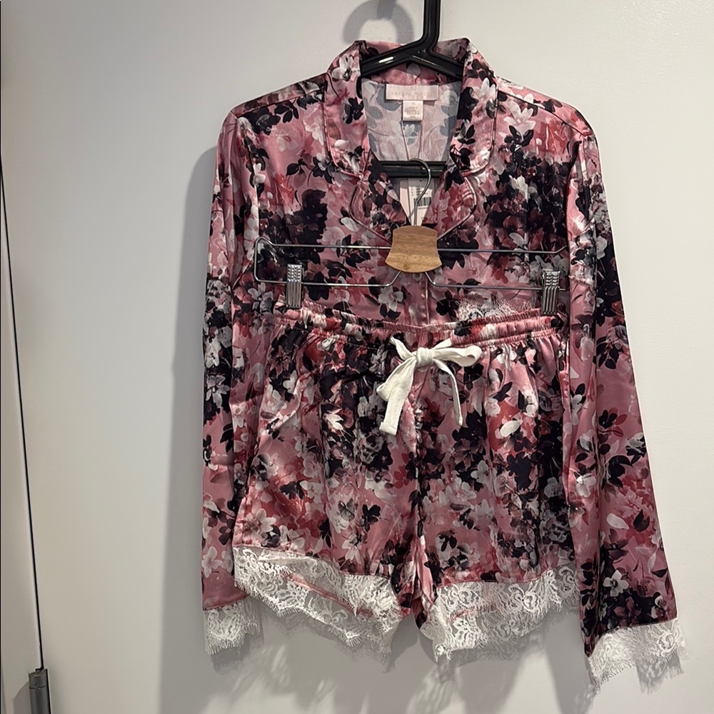 Anthropologie Pink and White Floral Lace Pajama Set